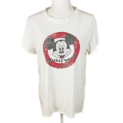 Disney Parks Women's Mickey Mouse Club T-Shirt Size L Off-White Logo Rhinestones • $11.99