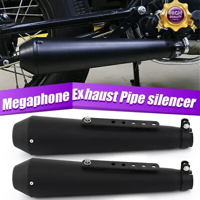 2X Universal Reverse Cone Megaphone Exhaust Pipes Motorcycle Mufflers Black • £134.38