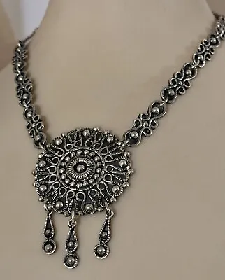 Vintage Ornate Mexican Sterling Silver Necklace With 3 Dangles 60.8 Grams • £192.88