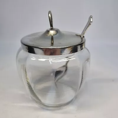 Vintage Jam Pot Silver Plate Lid And Spoon Clear Glass Elkington Plate Spoon • £18.99