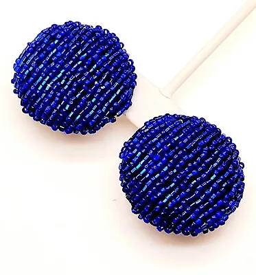 Vintage Royal Blue Color Seed Bead Handmade Round Clip On Stud Fashion Earrings • $9.99