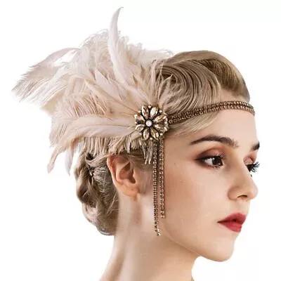 £6.92 • Buy 1920s Feather Hair Band Rhinestone Pearl Flapper Headband Dress Accessories