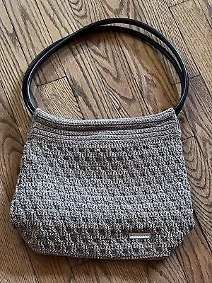 Minicci Machine Knit Hobo Tote Shoulder Purse Faux Leather Hoop Handles Brown • $24.99