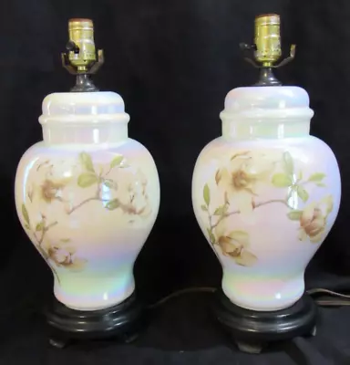 VTG Pair Of Table Lamps Hand Painted MAGNOLIAS On White Iridescent Glass Base • $149.96