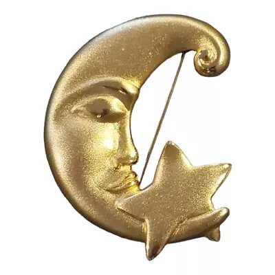 Vintage Large Brushed Gold Tone Man In The Moon With Star Brooch Pin 2.5  X 2  • $16.10