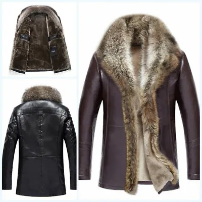 Fur Collar Leather Jacket Coat Warm Thicken Lamb Fur Lined Parka Outwear Mens • $175.05