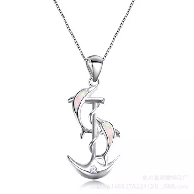 Women Lady Silver Dolphin White Simulated Opal Pendant Necklace Wedding Jewelry • $0.47