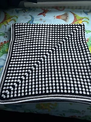 Large Black And White Handmade Crochet Blanket / Throw Approx 54 X 54 Inches • £7.50