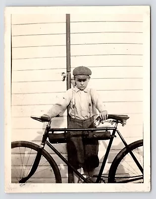 C1930s Moody Boy Newsboy Cap Suspenders Vintage Bicycle Original Photograph • $12.25