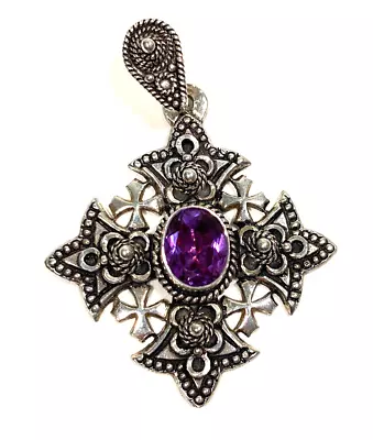 $89.95 • Buy VTG 900 Sterling Silver Jerusalem Maltese Cross Purple Cabochon Pendant