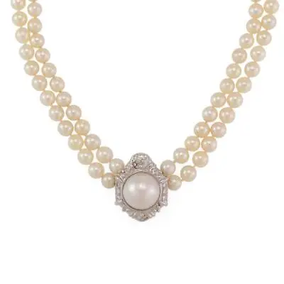 Estate Diamond 14k Gold Mabe Pearl Pendant 2 Strand Pearl Necklace LIQUIDATI • $2361.77