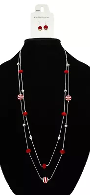 New Multi Strand Silver Necklace Earring Set With Red & White Beads #N2584 • $6.49