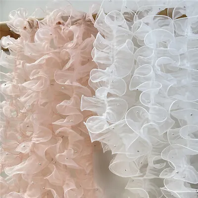 1M Beads Organza Ruffle Lace Trim Sewing Fabric Frill Mesh Falbala Edging DIY • £6.19