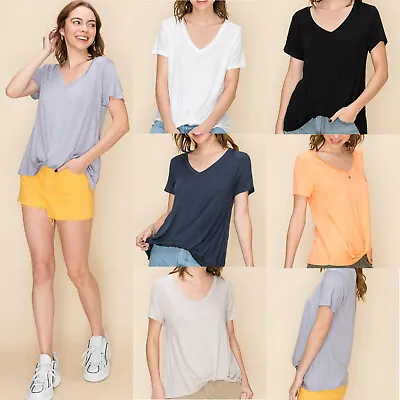 Causal Womens French Front Tuck Basic Casual V Neck Short Sleeve Tee Shirt Top • $6.97