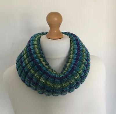 Hand Knitted Cowl Neck Scarf - Fair Isle Acrylic/cotton/ Wool  - Blue Green Mix • £11