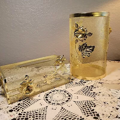 Hollywood Regency Goldtone Floral Metal Mesh  11  Wastebasket & 10  Tissue Box • $28