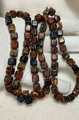 Vintage Venetian Colorful Bohemian Glass Square Beaded Long Necklace 28 In • $27