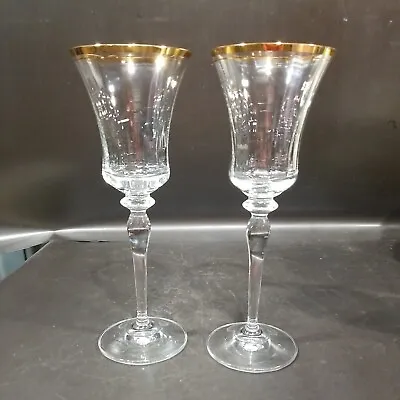 Mikasa Jamestown Crystal Wine Glasses PAIR Gold Rim 8.75  T AUSTRIA Orig Sticker • $22