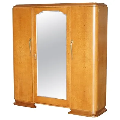 Antique Art Deco Burr Maple Triple Bank Circa 1920's Wardrobe Mirrored Door • $4736.06