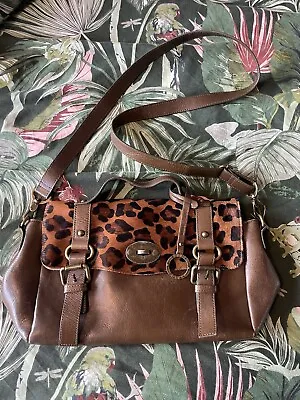 Vintage Edina Ronay Brown Leather Satchel Handbag Cheetah Print Pony Hair Detail • £17.50