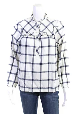 J Crew Womens Plaid Pattern Ruffle Accent Long Sleeve Top Shirt White Size S • $2.99