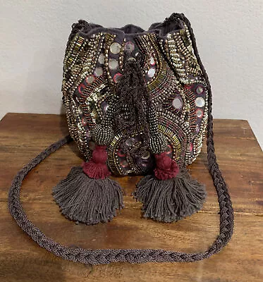 Zara Beaded Tassel Drawstring Crossbody Purse • $85.99