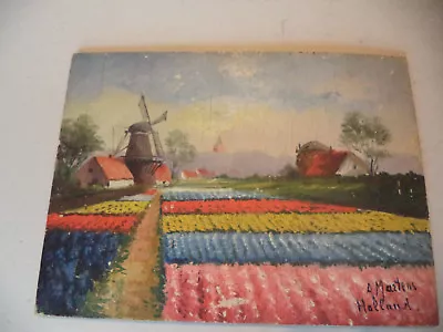 Antique Dutch Landscape Tulips Windmill Painting On Board Signed A Martens!2 • $75