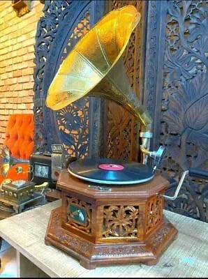 Collectable Working Wind Up Hmv Record Wooden Gramophone / Brass Horn Replica • $606.91