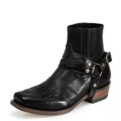 Men's Vintage Cowboy Boots Leather High Top Chain Buckle Strap Pointed Toe New • $59.98