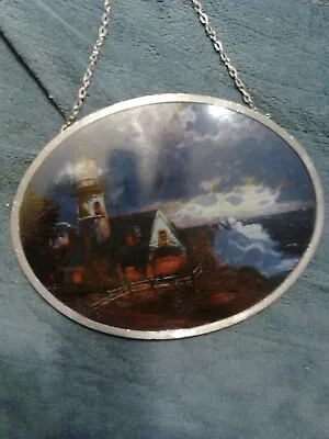 Sun Catcher 9 X 7 Inch Oval Lighhouse And Cottage Printed On Glass Lead Came • £6.27