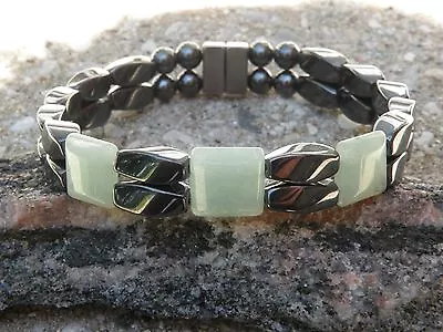 $40.49 • Buy Men Women Therapy Magnetic Hematite Bracelet Anklet 2 Row Lt Green Jade 3 Stone