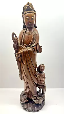 Vintage Large Hand Carved Wood Statue Quan Yin With Child & Dragon 18  • $145