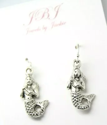 Mermaid Charm Earrings .925 Sterling Silver Hooks Pewter Charms 1 1/2  Ocean • $7.24