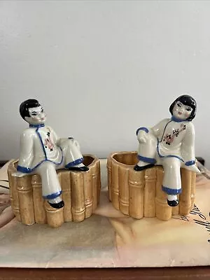 Vtg Ceramic Arts Studio Asian Boy Girl On Bamboo Planters Betty Harrington • $40