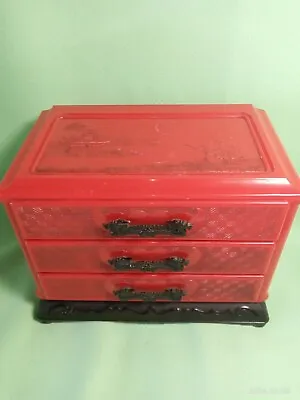 Vintage ORIENTAL 3 Drawer Jewelry Box RED BLACK PLASTIC Embossed Design DRAGON • $14.99