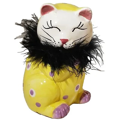 Vintage Fancy Eclectic Yellow Feather Boa Ceramic Cat W/ Purple Polka Dots MCM  • $19.96