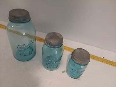 3 Vintage Aqua Blue Ball Perfect Mason Canning Jars Pint W/ Zinc Lids # 1  9 10 • $22.95