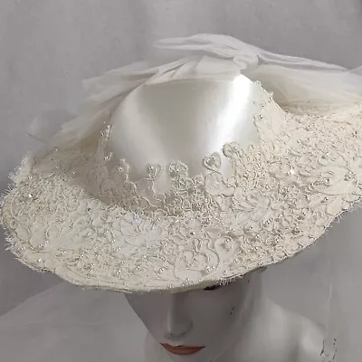 1990s Vintage White Wedding Hat Euc Vintage Flat Hat 3 Foot Train • $96.75