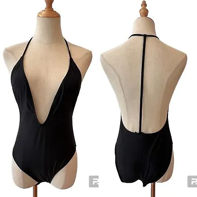 Missguided Black Swimsuit One Piece Size 4 T-Back Plunge Neck • $21.99