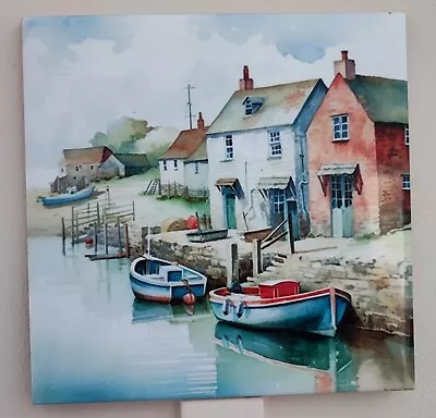 Ceramic Tile  Picture Tile Photo Art Tile Colourful Fishing Boats Harbour Decor • £19.99