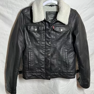 Levi's BLACK Faux Leather SHERPA COLLAR Trucker Jacket Men's XS • $24.99