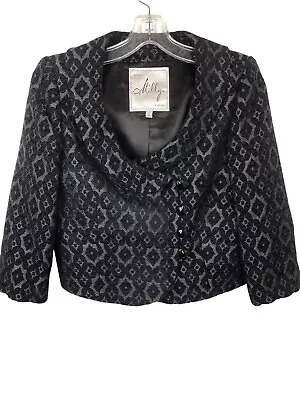 Milly Of New York Black Silver Brocade Cropped Blazer Jacket Retro Size 2 • $38.75