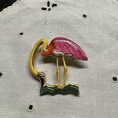 Vintage Enameled Flamingo Pin Brooch Pink Yellow Green Old Florida • $10.99