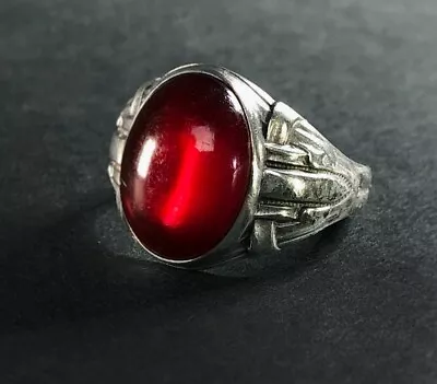 RARE ART DECO Men's Signet Ring Blood-Red Moonglow Bakelite In Sterling Silver • $173.99