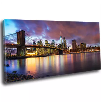 New York City Manhattan Skyline Brooklyn Bridge Canvas Print Framed Wall Art • £29.99