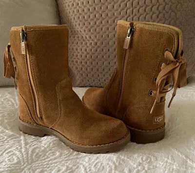 UGG Boots Girls Size UK 13 Tan Side Zip Ribbon Detail On Back As New Condition • $24.95