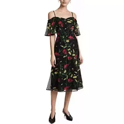 Grey By Jason Wu Black Floral Chiffon Silk Off Shoulder Midi Dress Size 8 • $100