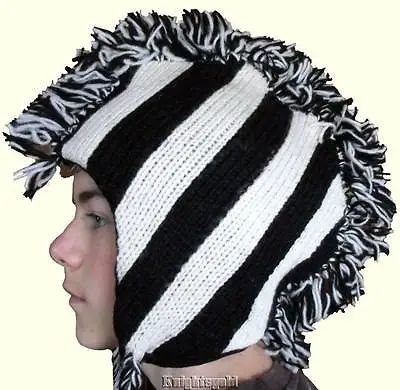 Mohawk Beanie Hat Black White Football Snow Ski Hand Knit 100% Wool Fleece Lined • $7.89