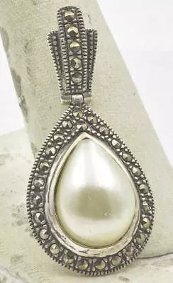 Vintage Sterling Silver Marcasite & Faux Mabe Pearl Pendant 5.8 Grams Large Bale • $19