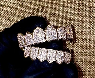 3Ct Moissanite Top Fang & Bottom Fang Grillz Micro Pave 14k White Gold Plated • $186.29